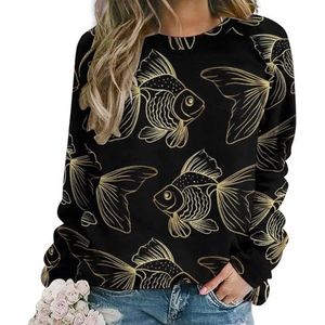 Gouden vis op zwarte nieuwigheid sweatshirt voor vrouwen ronde hals top lange mouw trui casual grappig