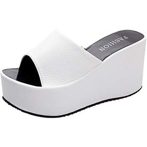 KIVIOV Mode lederen slip-on slipper for dames zomer casual hoge hak open teen platform wedge slider chic sandalen binnen buiten strandwandeling schoenen lederen slip-on slipper (Color : White)