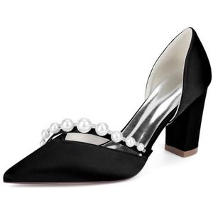 KYEGLO Damesmodieuze Instapschoenen Met Spitse Neus En Dikke Hakken Met Parel - Satijnen Bruidsmeisjesschoenen Met Gesloten Neus Voor Feestjes, Bruiloften, Cadeaus Voor Vrouwen,zwart,36 EU