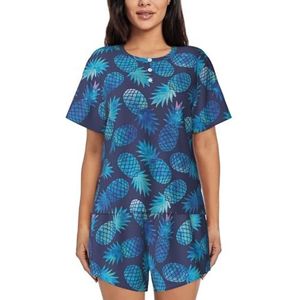 JIAWUJYNB Blauwe pyjamaset met ananasprint voor dames met korte mouwen - comfortabele korte sets, nachtkleding met zakken, Zwart, M