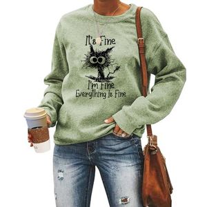 MLZHAN It's Fine I'm Fine Everything Is Fine Dames Sweatshirt Grappig Explosief Haar Kat Print Shirts Lange Mouw Truien Top, Olijfgroen, S