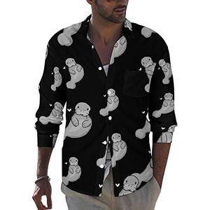 Manatee Heart Button Down shirt met lange mouwen voor heren, casual strandtops met zak, normale pasvorm