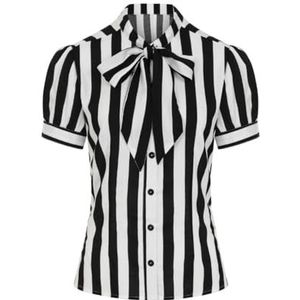 Hell Bunny Juno shirt Zwart Wit Getailleerd Sexy Werkkleding Gestreept Goth Korte Mouw, Zwart, XXL