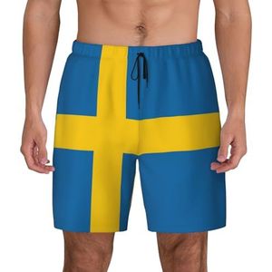 ERSDWRE Zweedse Vlag Print Strand Shorts Met Zakken Zwembroek Mannen Zwembroek Broek Badmode Voor Surfen Zwemmen, Zwart, S