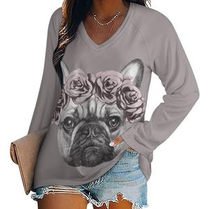 Franse Bulldog Rose Crown vrouwen casual T-shirts met lange mouwen V-hals gedrukte grafische blouses Tee Tops 2XL