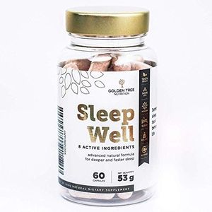 Golden Tree Sleep Well, 5-HTP Griffonia zaadextract, magnesium, verbetert de kwaliteit en de slaapduur, alleen natuurlijke ingrediënten, Montmorency kersen, lavendel, valeriaan, L-theanine