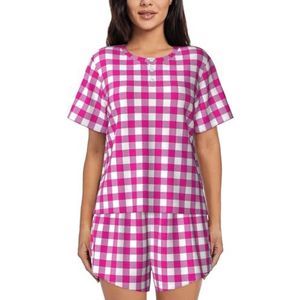 Roze geruite print dames zomer zachte tweedelige bijpassende outfits korte mouw pyjama lounge pyjama sets, Zwart, S