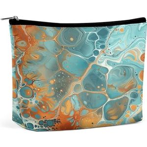 JKLQWH Lederen make-uptas, waterdichte make-uptas voor vrouwen, oranje en turkoois, open platte toilettassen, draagbaar zakje met rits, make-up organizer koffer voor reisaccessoires, oranje en