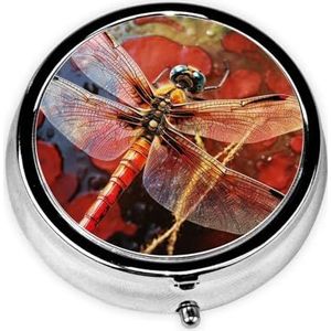 Pillendoosje met spiegel, retro pillendoosje met 3 compartimenten, rode libelle, kleine pillenorganizer voor portemonnee of zak, decoratieve metalen medicijnen, vitamine-organizer, unieke geschenken