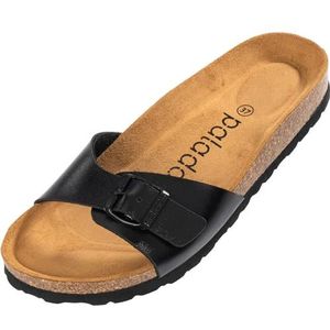 Palado Malta Damesslippers, sandalen, met verstelbare gesp, pantoffels, met kurken voetbed en leren loopzool, metallic zwart., 38 EU
