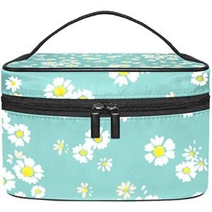 Kleine witte madeliefje bloemen blauwe achtergrond make-up organizer tas, reizen make-up tas organizer case draagbare cosmetische tas voor vrouwen en meisjes toiletartikelen, Meerkleurig, 22.5x15x13.8cm/8.9x5.9x5.4in