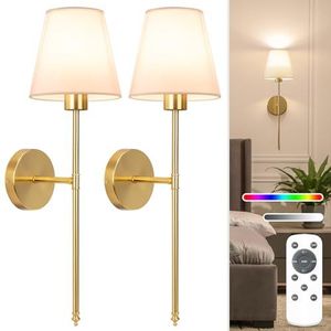 NIORSUN 24 inch batterij aangedreven wandlampen, goud oplaadbare wandlampen binnen met 5200mAh dimbare afneembare lampen en afstandsbediening, 9 kleuren draadloze kandelaars voor slaapkamer woonkamer