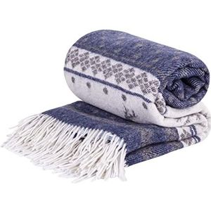 LYHome - Merino Wollen Deken - Marineblauw met Wit Rendier - Plaid Wol voor Sofa Bank & Bed - 140 x 200 cm