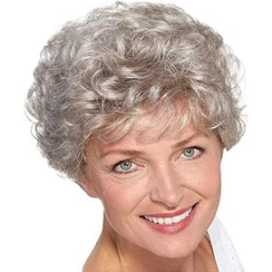 Natuurlijk Haar Old Lady Wigs, Short Grey Curly Human Hair Blended Wigs Voor Oudere Vrouwen Cosplay Pruik Kostuum
