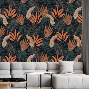 Behang Oranje Tropisch Blad Schil en Stok Zelfklevend Behang voor Woonkamer Badkamer Slaapkamer Art Deco Muur Papier Keuken Wallpapers Verwijderbaar 40x120cm/3 rol