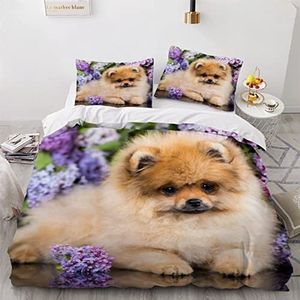 Eenpersoons Dekbedovertrek Set Pommeren Puppy En Lila Bloemen 3d Gedrukt Beddengoed Dekbedovertrek Set 3 Stuks Zachte Microfiber Trooster Cover Met Ritssluiting En 2 Kussenslopen Voor Jongens en Meisjes -135x200