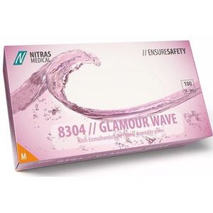 Nitras 8304 GLAMOUR WAVE poedervrije, niet-steriele medische nitril wegwerphandschoenen, kleur roze-parelmoer, 100 stuks in dispenserdoos, maat M