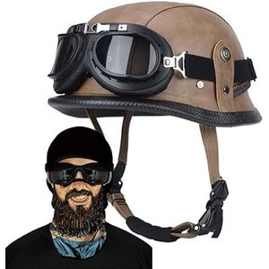 Motorhelm in vintage stijl, halfopen leer, met ECE-bril, vintage stijl, beschermt effectief de veiligheid van het hoofd voor scooters, fietshelm 55-65 cm (kleur: Q1, maat: L (57 ~ 58 cm)