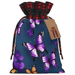 Mooie paarse vlinder chique trekkoord kerstcadeauzakken, patchwork jute trekkoordzakken, herbruikbaar.