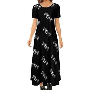 Set vintage doodskoppen dames zomer casual korte mouwen maxi-jurk ronde hals bedrukte lange jurken XL