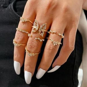 Vintage Koreaanse gouden zilveren kleur parel ringen Set sieraden voor meisjes vlinder holle hart Ring voor vrouwen - AR0061