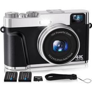 Nsoela Digitale camera, 4K 48MP autofocus, fotocamera met 32 GB kaart, optische zoeker, 2,8 inch fotoapparaat, compacte camera met draaibaar dashboard en zoeker, voor beginners, tieners (zwart)
