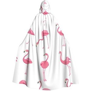 Carnaval cape met capuchon voor volwassenen, heks en vampier, cosplay kostuum, mantel, geschikt voor carnavalsfeesten, 190 cm flamingo's op wit