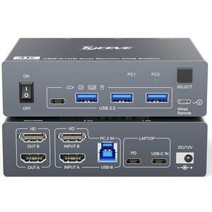 MLEEDA HDMI+USB C KVM Switch Dual Monitor 1 Laptop en 1 Desktop 4K@60Hz, USB C HDMI KVM Switch 2 PC 2 Monitor met 4 USB 3.0 Poort, 80W PD Opladen, Bedrade Afstandsbediening, USB C Kabel