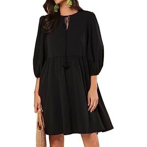 jurken voor dames Gesmokte jurk met strikhals en lantaarnmouwen (Color : Noir, Size : XL)