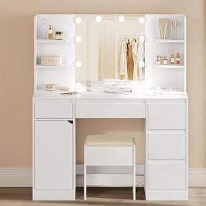 WOLTU Make-uptafel met verlichting, stekkerdoos, kruk, instelbare helderheid, grote kaptafel met spiegel, 5 laden, open vakken, kast, kaptafel, wit, voor slaapkamer