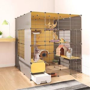Outdoor kattenkennel, binnenkattenverblijf, ruime kattenkooi met geïntegreerde kattenbak, klimframe en nest - geschikt voor kleine huisdieren (kleur: 8-delige set, maat: 147 x 187 x 147 cm)