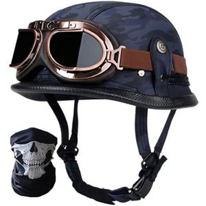 Retro Duitse leren motorfiets halve helm DOT/ECE goedgekeurde volwassen mannen vrouwen open gezicht helm, met masker bril, voor cruiser scooter bromfiets chopper jethelm A,XXL=63-64cm