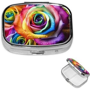 Rainbow Rose pillendoos 2 compartimenten, kleine pillendoos voor portemonnee en zak, metalen pillenetui met spiegel, dagelijkse pillenorganizer, draagbare medicijnvitaminehouder, uniek cadeau