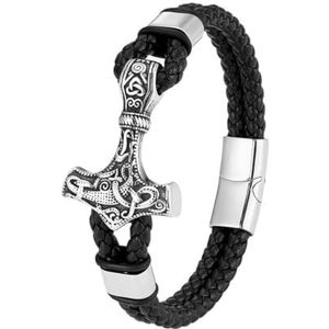 Noorse Viking Mjolnir Armband Voor Mannen - Zwart Lederen Gevlochten Polsband Met Hanger Roestvrij Staal Thor's Hamer - Dubbellaags Geweven Vintage Heidense Manchet Armband Sieraden (Color : Silver_2