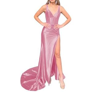 HPPEE Zeemeermin V-hals bruidsmeisje jurk lange satijnen formele avondjurk ruches trouwjurk met split WYX562, Dusty Roze, 40