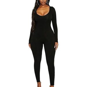 Rongseng Jumpsuit dames lange mouwen ronde hals sport jumpsuit lang strak stretch eendelig bodycon yoga bodysuit overall naadloos One Piece Workout Playsuits Sportpak Trainingspak Club Outfit, zwart,