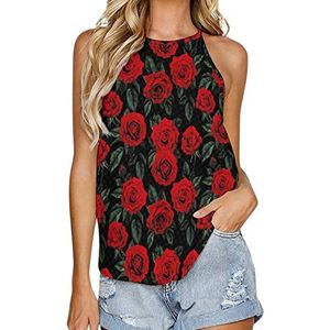 Vintage rode roos bloemen vrouwen tank top zomer mouwloze t-shirts halter casual vest blouse print tee 2XL