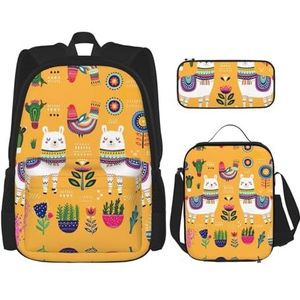 MDATT Kawaii rugzak met lunchbox set 3 in 1 etui bundel bijpassende combo, cartoon melkkoe, Cartoon Alpaca schattig dier, Eén maat