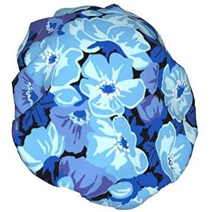 Blauwe bloempatroon douchecap,Nachtmutsje dubbellaags waterdichte elastische badmuts herbruikbare badmuts
