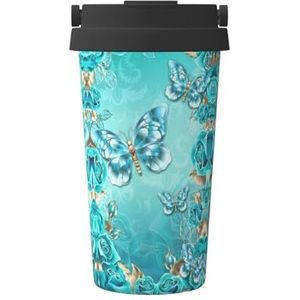 Lichtblauwe geïsoleerde koffiemok met vlinderprint, 500 ml, reisbeker, voor reizen, kantoor, auto, feest, camping