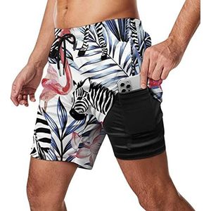 Flamingo And Zebra Zwembroek voor heren, sneldrogend, 2-in-1 strandsportshorts met compressieliner en zak