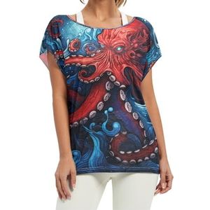 Abstracte rode octopus dames korte vleermuismouwen shirt ronde hals T-shirts losse tops voor meisjes, Patroon, S