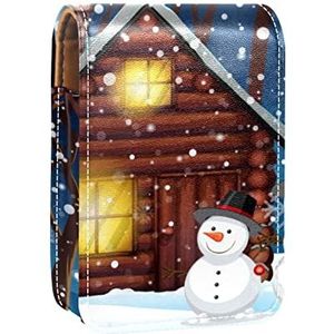 Kerst Kerstman Sneeuwpop Cabin in de winter Hout Draagbare Lipstick Case voor reizen, Mini Lipstick Opbergdoos met spiegel voor vrouwen dames, Lederen cosmetische etui, Meerkleurig, 9.5x2x7 cm/3.7x0.8x2.7 in