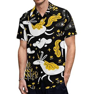 Leuke eenhoorns met witte en gele sterren heren Hawaiiaanse shirts korte mouw casual shirt button down vakantie strand shirts 4XL
