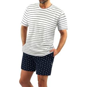 sesto senso Zomerpyjama voor heren, korte pyjama, katoen, pyjama, korte mouwen, korte broek, tweedelig set, T-shirt - witte strepen; korte broek - donkerblauw anker, XL