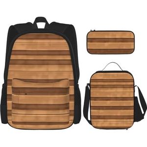 AthuAh Originele rugzak met houtstructuur, 3-delige set voor wandelen, school, uitstapje, voor meisjes, jongens, rugzak met lunchtas en etui, Zwart, Eén maat