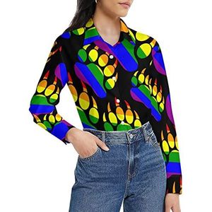 Gay Bear Pride Paw damesshirt met lange mouwen en knoopsluiting, casual werkshirts, tops, L