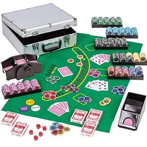 Maxstore Ultieme luxe pokerset, editie 300 of 600, METALKERN laserchips van 12 gram, pokerdecks, aluminium pokerkoffer, kaartshuffler, kaartdealer, dobbelstenen, dealerknop, pokerchips, tokens