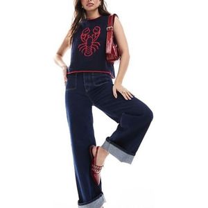 GKEIOSHQIL Dames Gebreid Vest Schattige Grafische Ronde Hals Mouwloos Losse Pasvorm Pullover Y2K Uitgaanstop,Dark blue,L