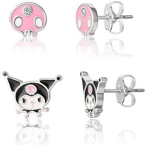 Sanrio Roze schedel en Kuromi oorbellen voor dames, set van 2 paar - zilveren plaat en emaille Sanrio-oorknopjes, officieel gelicenseerd, messing, kristal, Messing, kristal